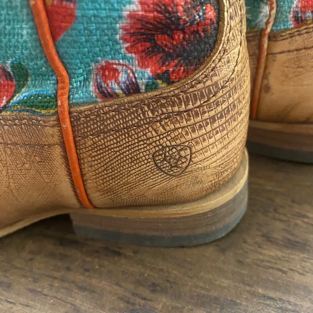 Ariat Kids Floral Western Boots Tan Leather Square Toe 10023078 Size 12.5
